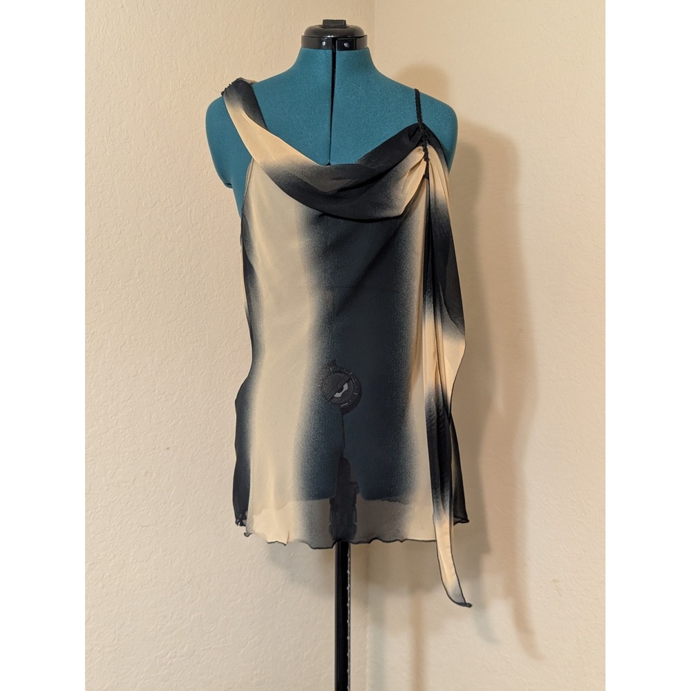 Rave Y2K Asymmetrical Drape Neck Tank Top Black Cream Ombre Sheer XL